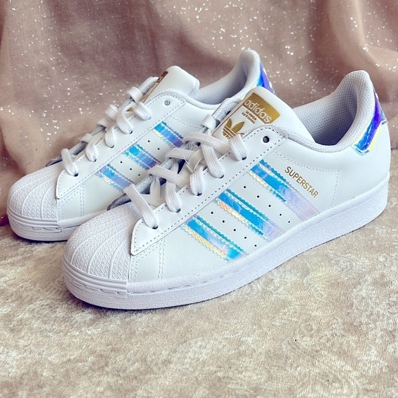 Brand New Adidas Originals Superstar White Lace Up Sneakers Iridescent 3-Stripe - Picture 4 of 16